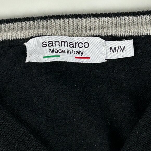 San Marco Sweater Mens M 100% Merino Wool Italy Black Grey Argyle V Neck Jumper - Picture 11 of 12